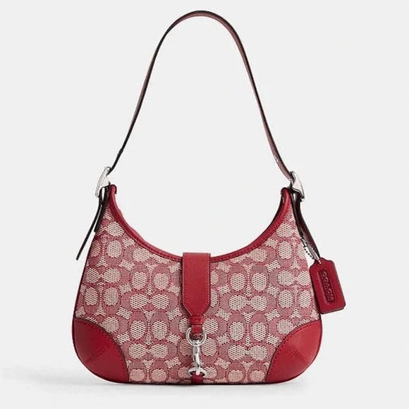 Coach Hamptons Hobo Bag In Signature Textile Jacquard Ruby Silver - Picture 2 of 11
